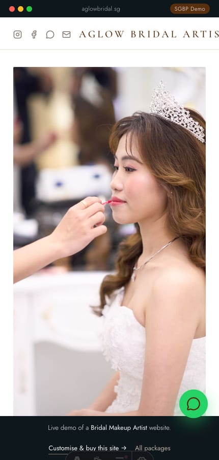 The Aglow bridal makeup-artist website on mobile — editorial bride hero and a sticky Enquire CTA at 430px