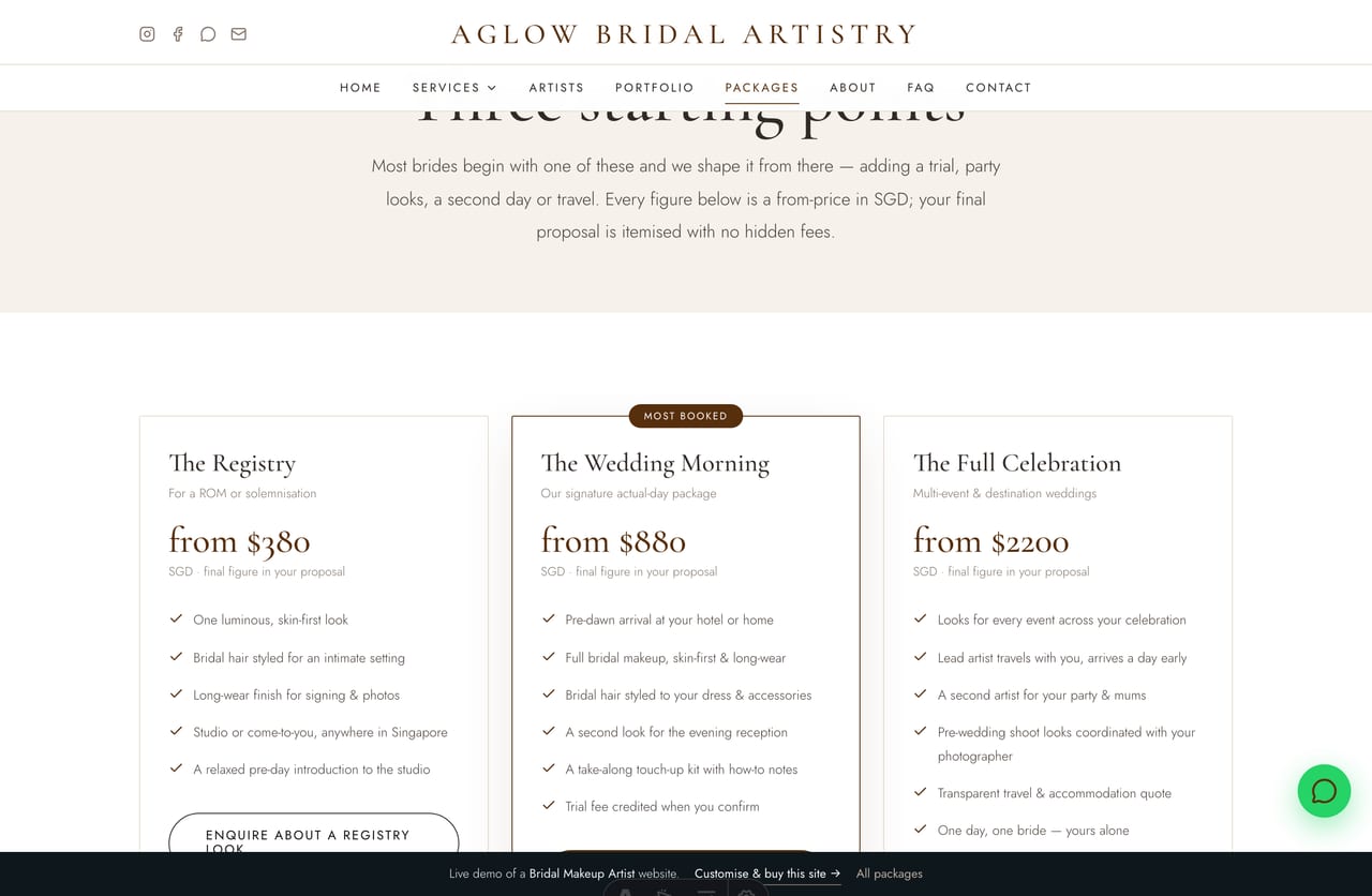 Packages page on the Aglow demo — registry, actual-day and full-celebration bridal packages with from-prices
