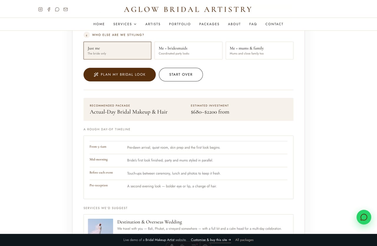 Bridal Look Planner results on a Singapore bridal site — a recommended package, a day-of timeline, a suggested artist and a price range