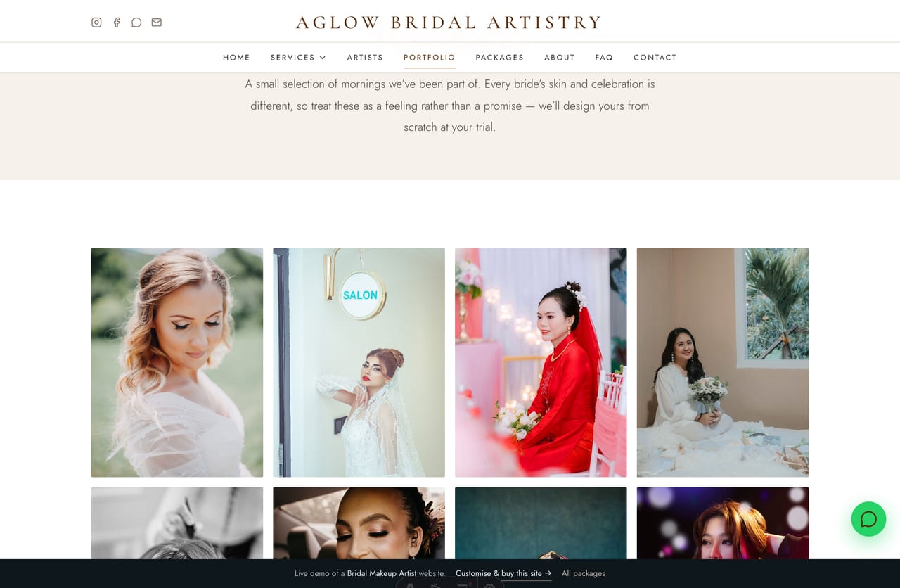 Portfolio page on the Aglow demo — an editorial gallery of actual-day, traditional and pre-wedding-shoot looks