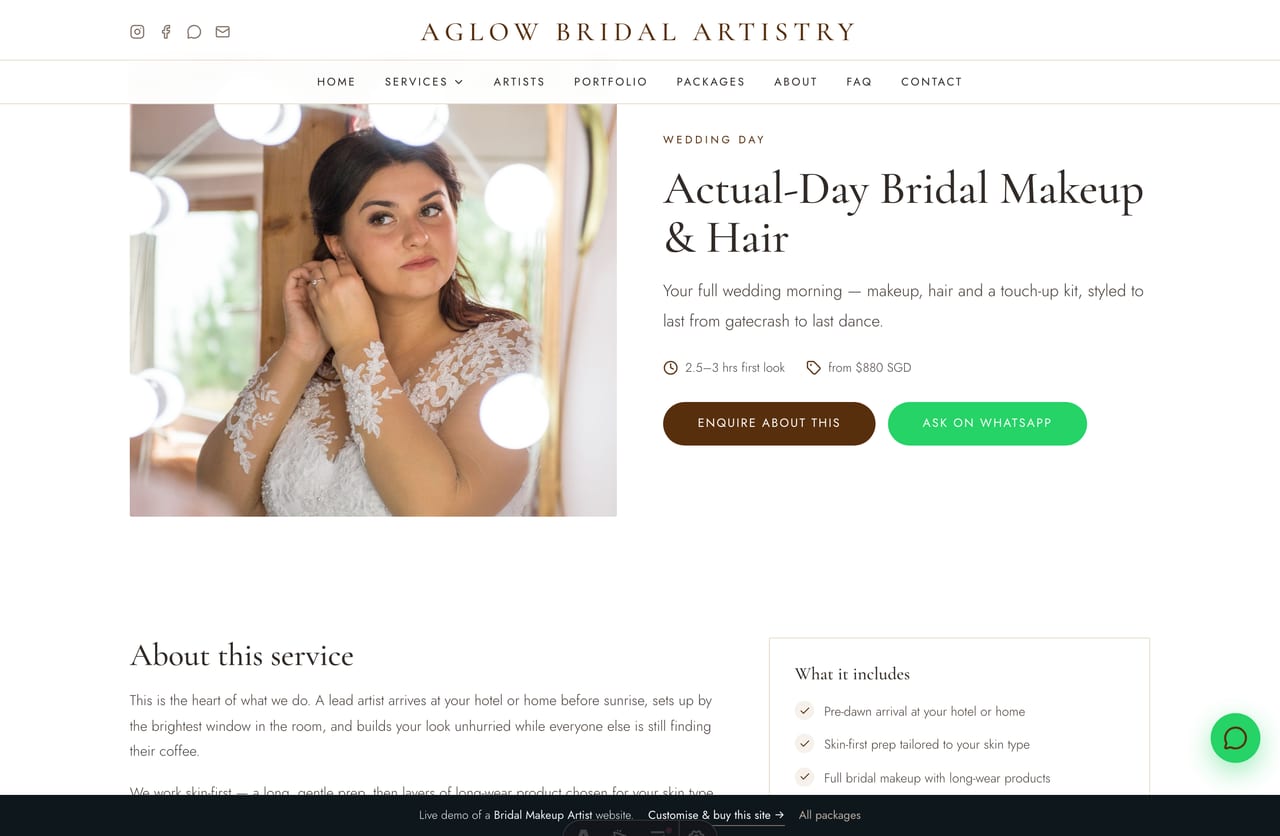 A service detail page on the Aglow demo — hero image, duration, from-price, what it includes and an enquire CTA