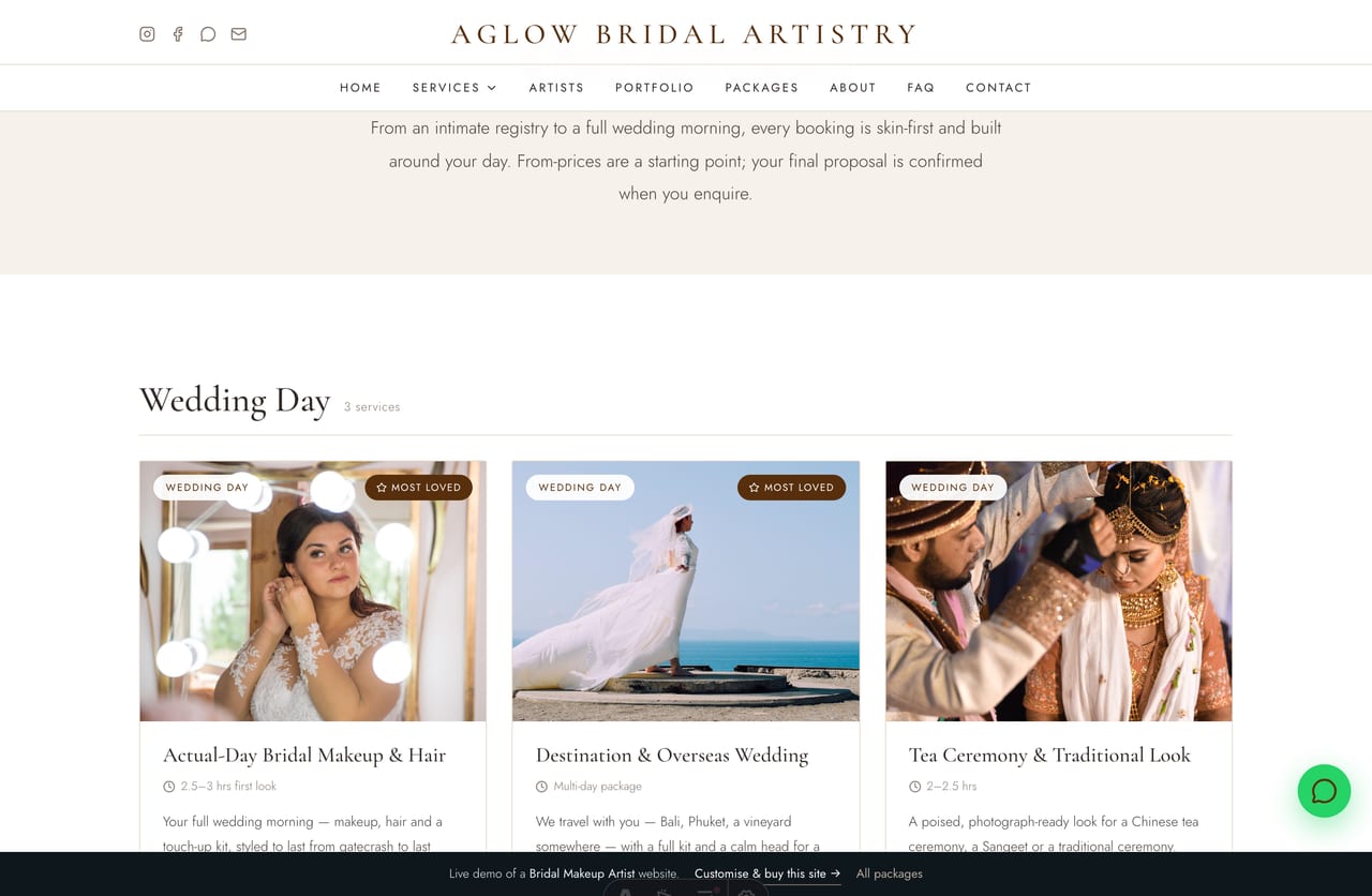 Services page on the Aglow demo — actual-day, ROM, pre-wedding shoot and traditional looks grouped by category