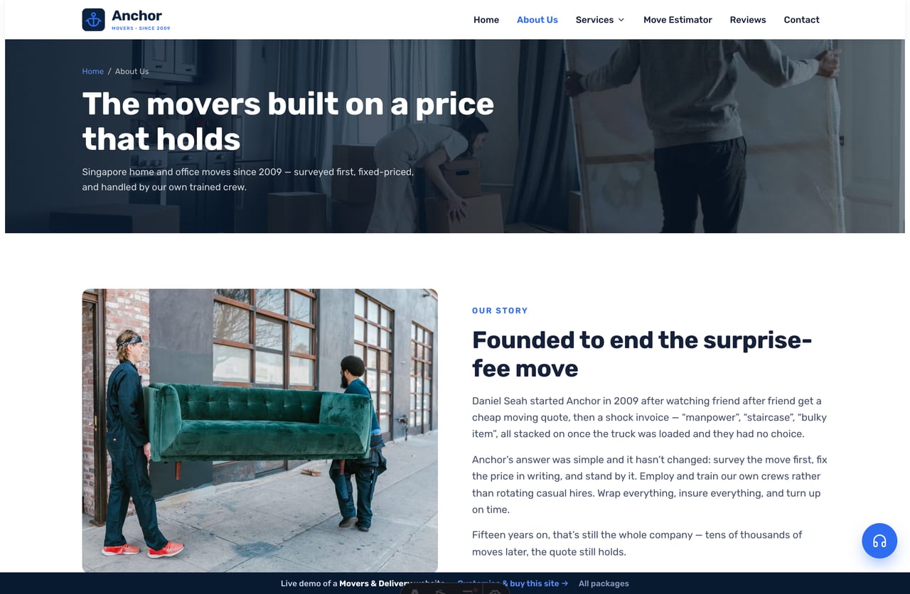 The About page for a Singapore movers trade — founder story, stats band and the crew