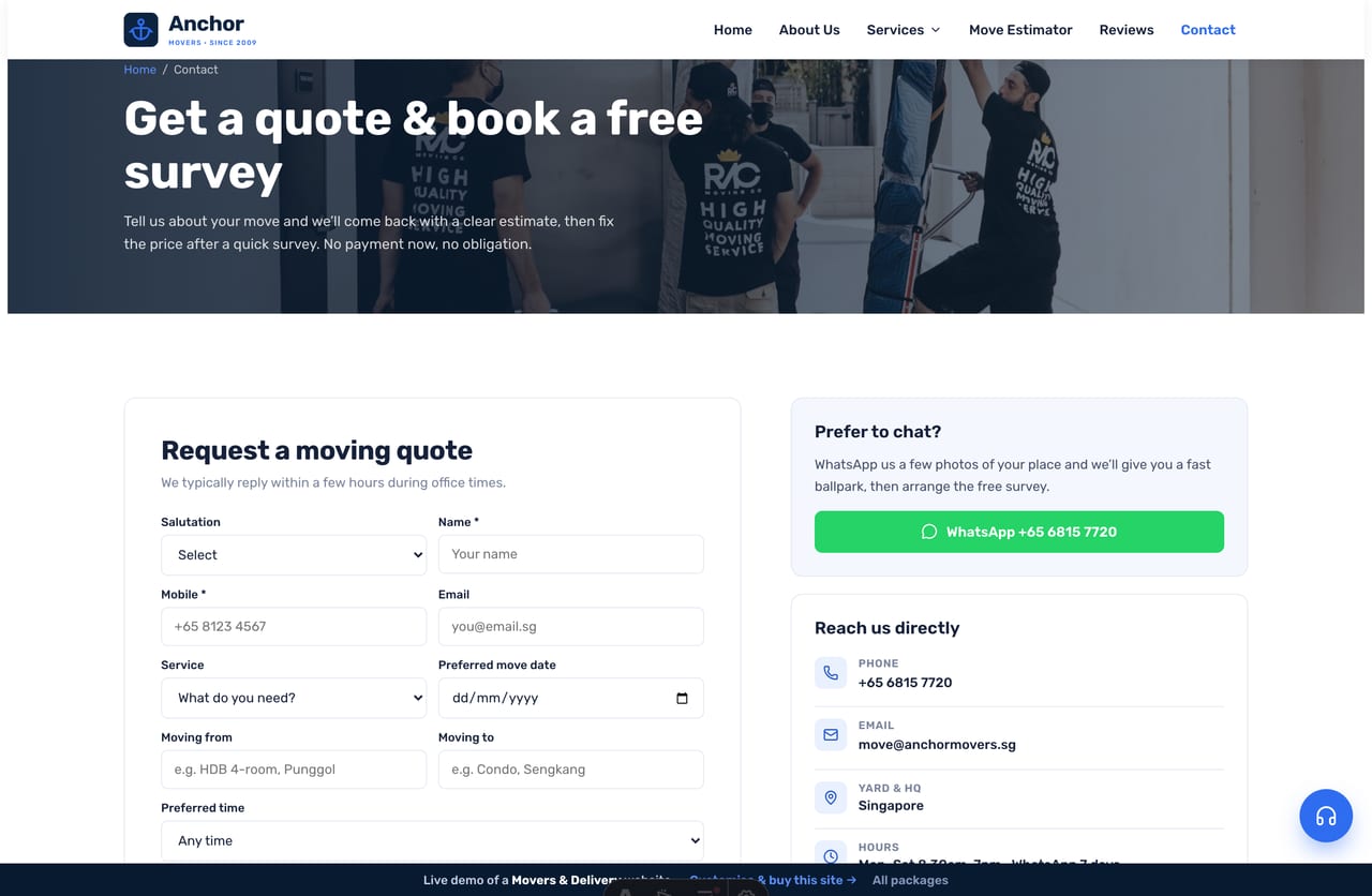 Get-a-quote & contact page on the Anchor demo — a PDPA-aware quote-request form with move-from/move-to and a date