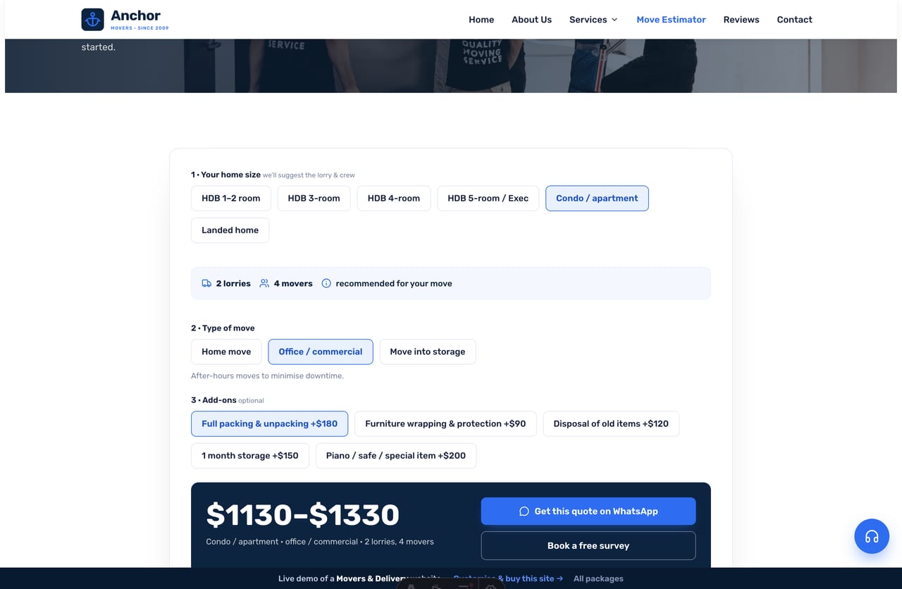 Move Cost Estimator result on a Singapore movers site — a live price range with the recommended lorry and crew, and a WhatsApp CTA