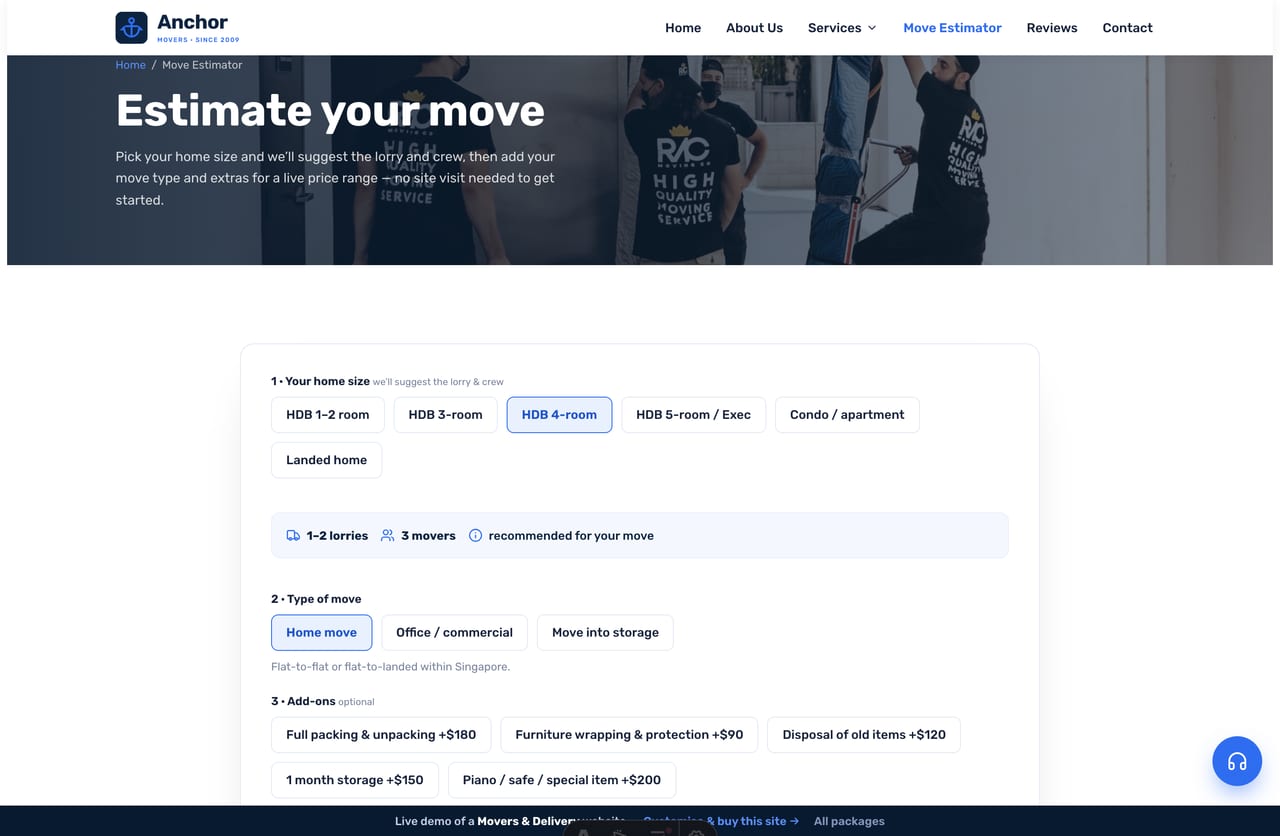 The interactive Move Cost Estimator on the Anchor demo — pick a home size and it suggests the lorry and crew