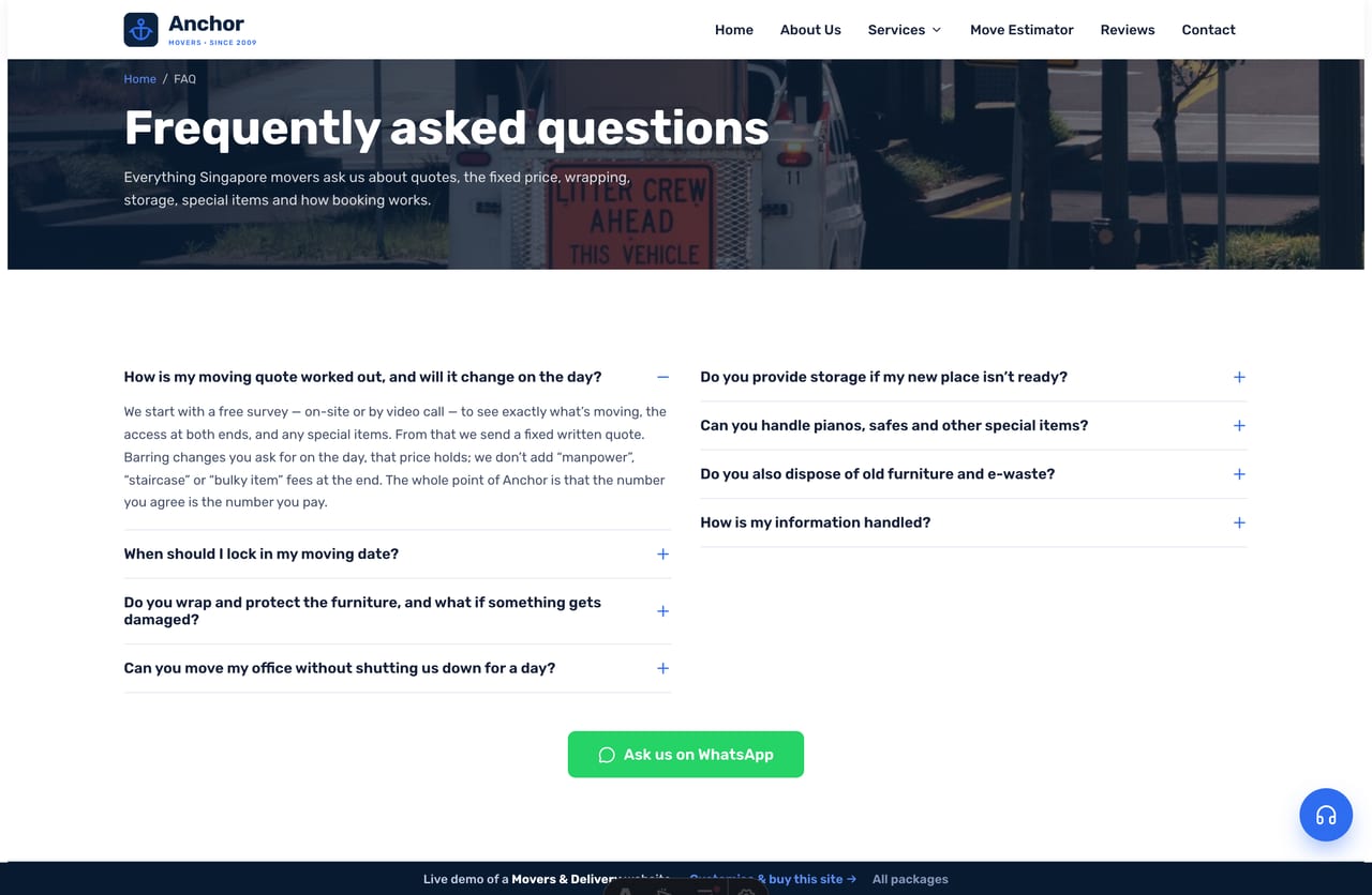 FAQ page on the Anchor demo — a two-column expandable list answering common moving questions