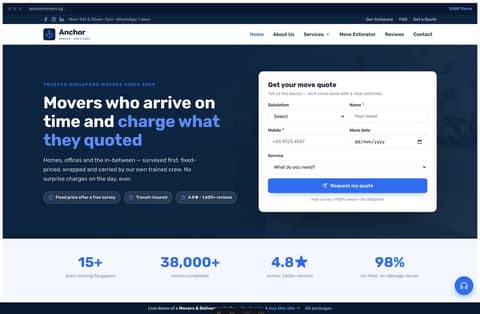 Anchor Movers Singapore website homepage demo — a navy split hero with a Get-a-Fast-Quote form, photo-overlay service cards and a numbered challenges band