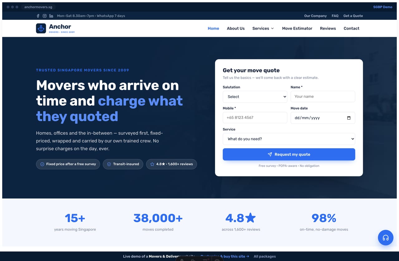 Anchor Movers Singapore website homepage demo — a navy split hero with a Get-a-Fast-Quote form, photo-overlay service cards and a numbered challenges band