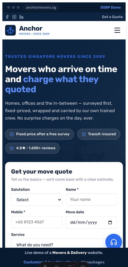 The Anchor movers website on mobile — the split hero with the quote form stacking at 430px