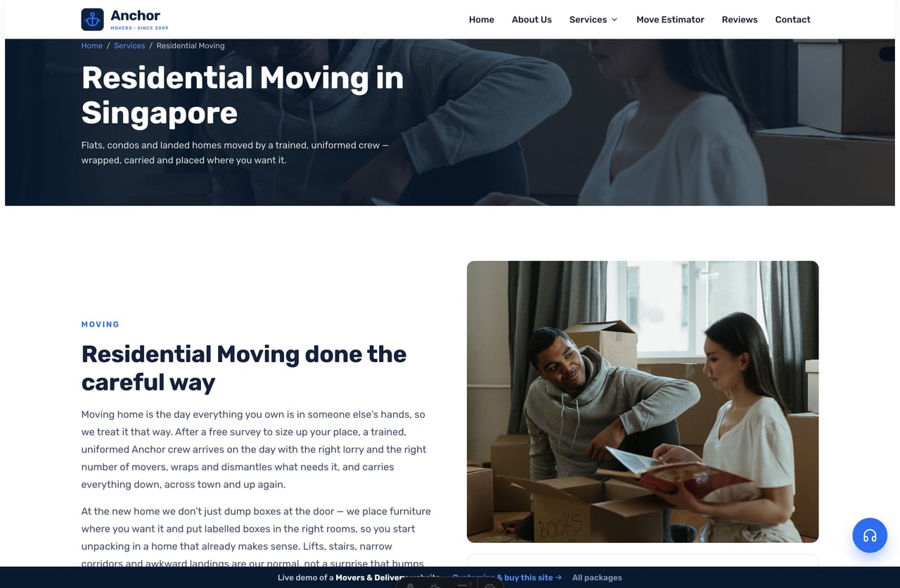 A service detail page on the Anchor demo — a navy photo banner with breadcrumb, a 2-column article and a price/includes card