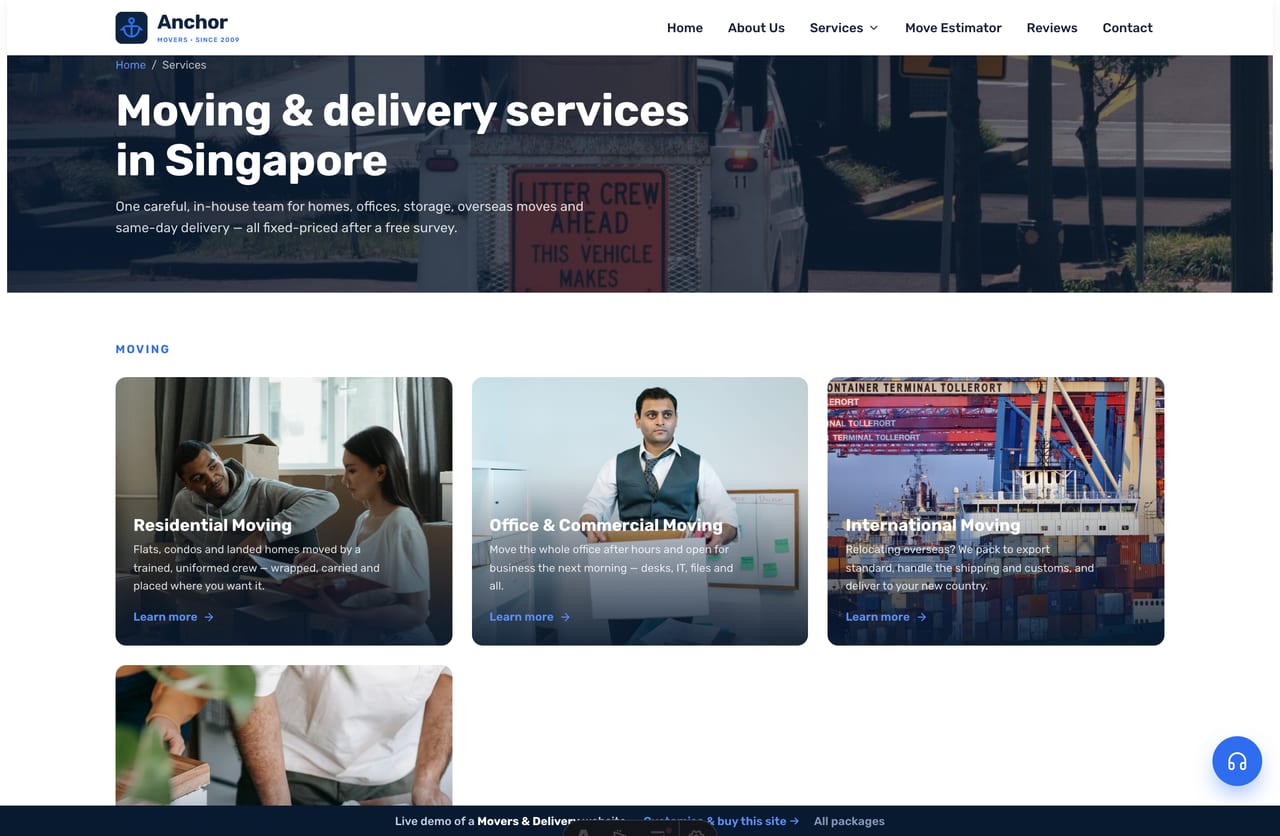 Services page on the Anchor demo — residential, commercial, international, storage, disposal and lorry-rental as photo-overlay cards