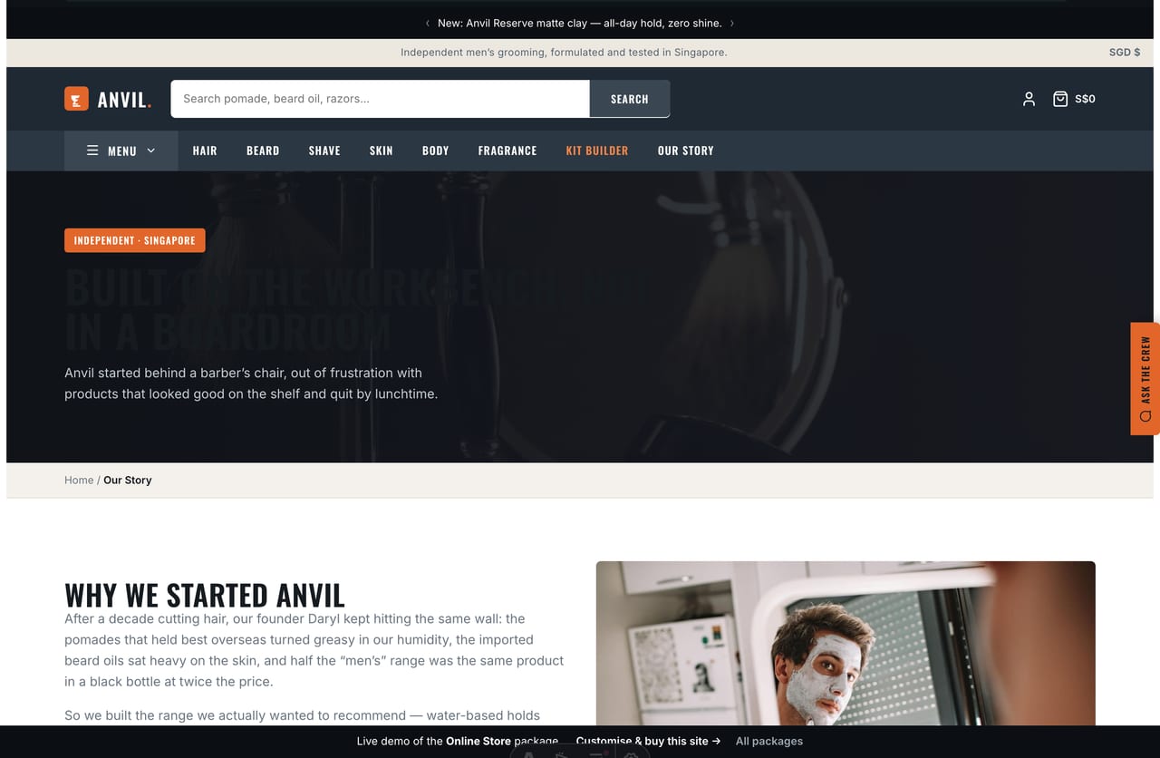About and brand-story page for a Singapore independent men’s grooming brand