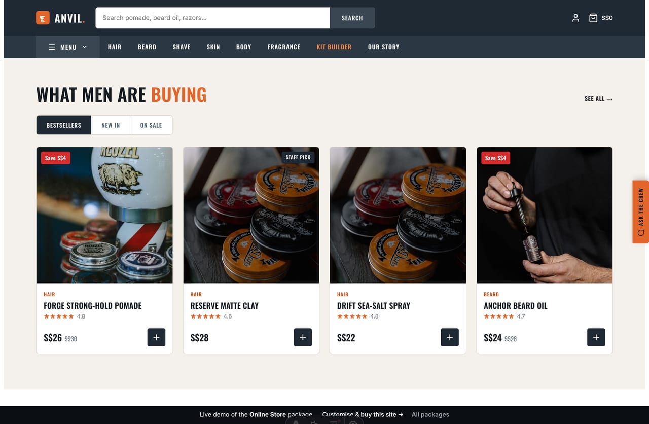 Bestsellers / New / Sale tabbed product grid on the Anvil men’s grooming store