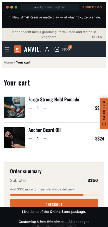 Slide-out cart drawer with a free-islandwide-delivery progress bar on the Singapore men’s grooming store