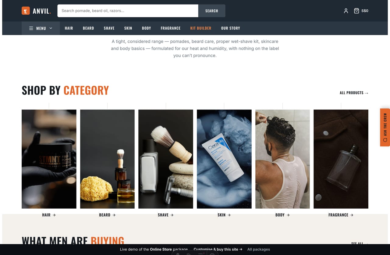 Shop-by-category strip for a Singapore men’s grooming store — hair, beard, shave, skin, body and fragrance