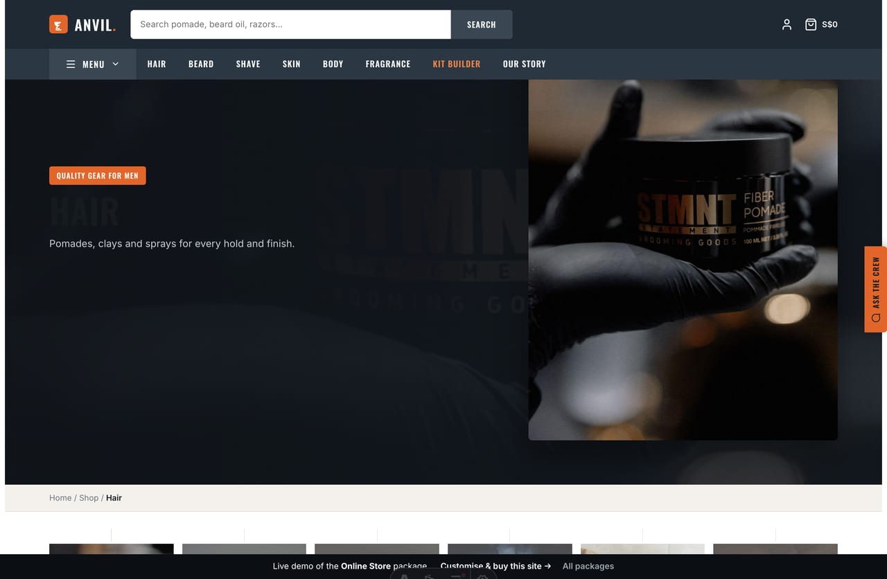 Men’s grooming collection page with filter sidebar, product grid and SGD pricing