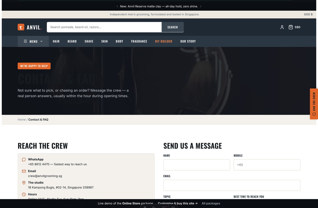Contact, studio-location, WhatsApp and FAQ page on the Anvil men’s grooming store demo