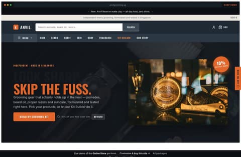 Anvil men’s grooming brand online store homepage demo — dark product hero, category strip and free-islandwide-delivery promise (Singapore)