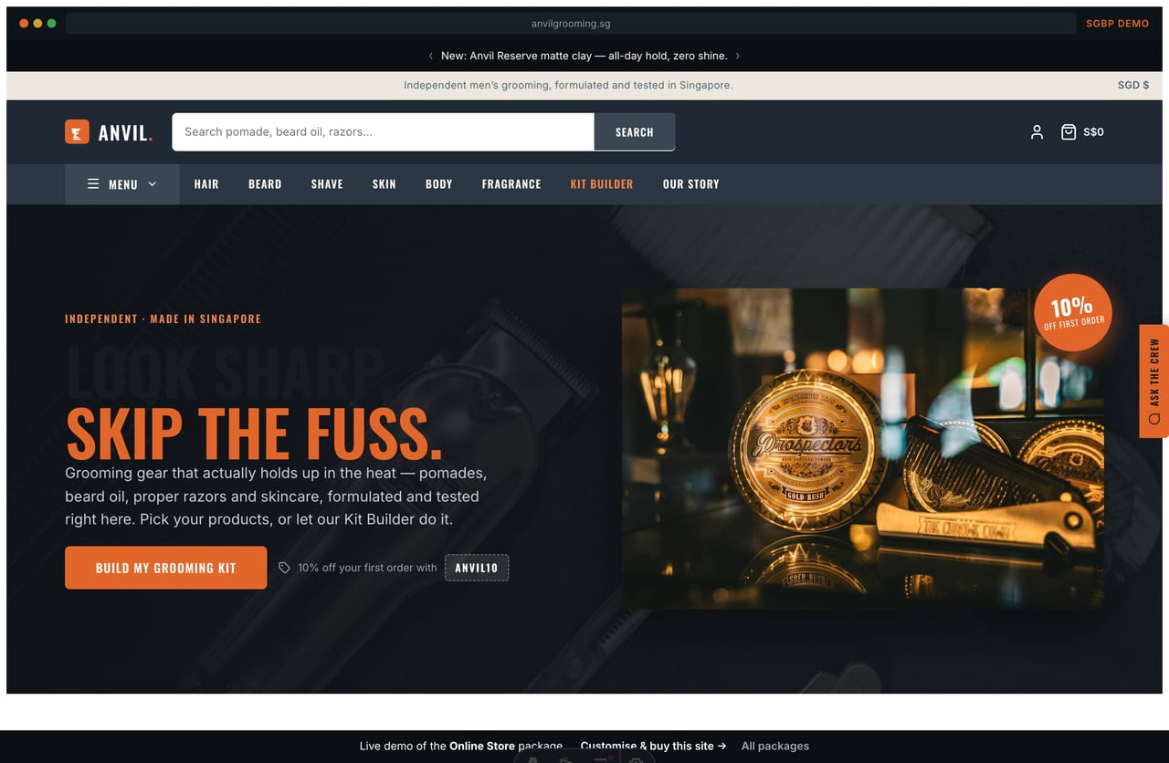 Anvil men’s grooming brand online store homepage demo — dark product hero, category strip and free-islandwide-delivery promise (Singapore)