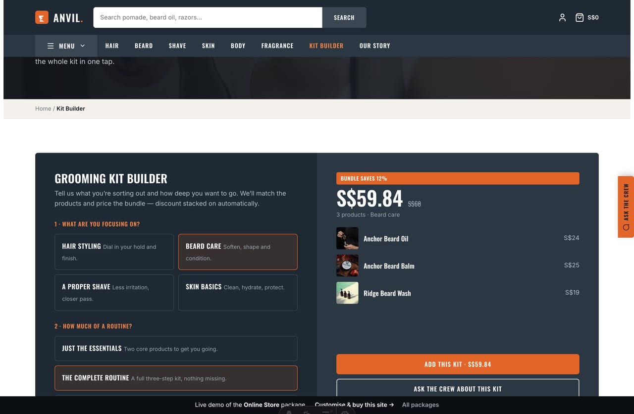 Interactive Grooming Kit Builder on the Anvil Singapore men’s grooming store