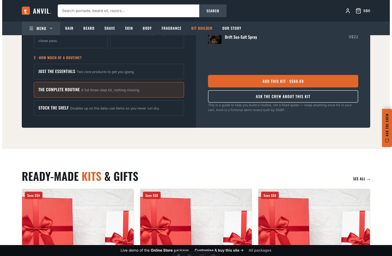 Curated grooming kits and gift sets on a Singapore men’s grooming store homepage