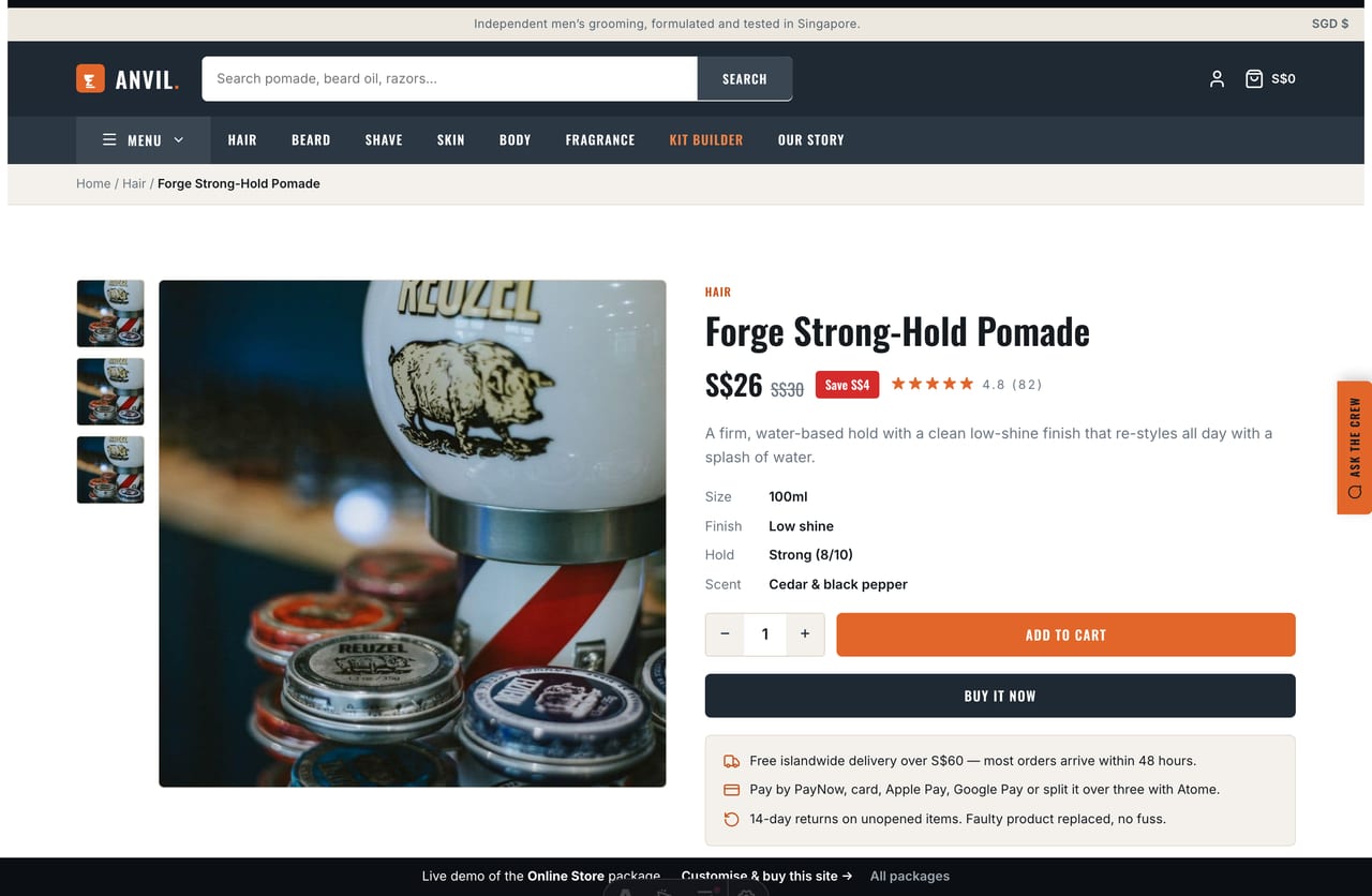 Men’s grooming product detail page with gallery, hold/finish meta, sale badge and add-to-cart