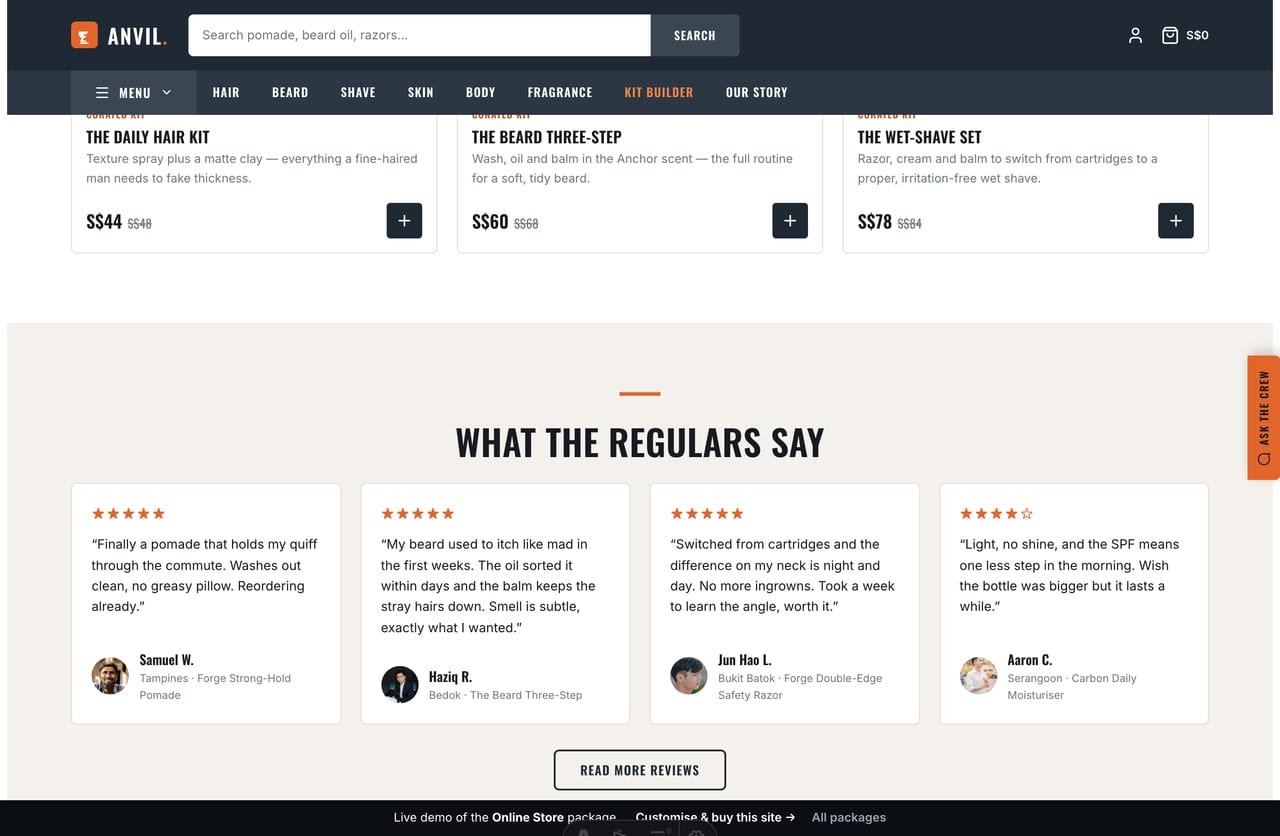 Singapore customer reviews and star ratings on the Anvil men’s grooming brand website