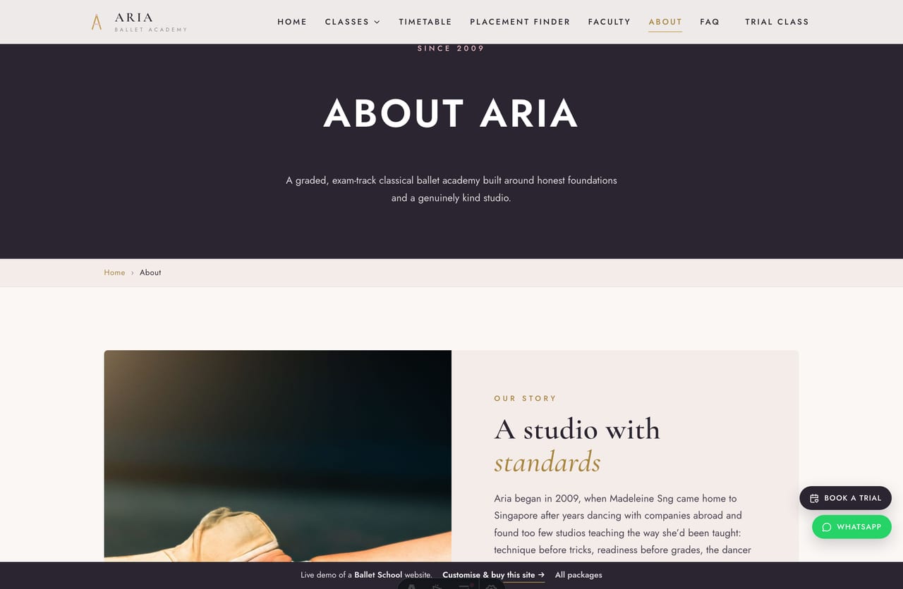 The About / story page for a Singapore ballet academy — the founder, the studios, honest stats and what the academy believes
