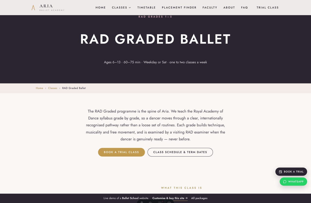 A class detail page on the Aria demo — a centered dark banner, an intro, what a term includes, an at-a-glance panel with the term fee and a book-a-trial CTA