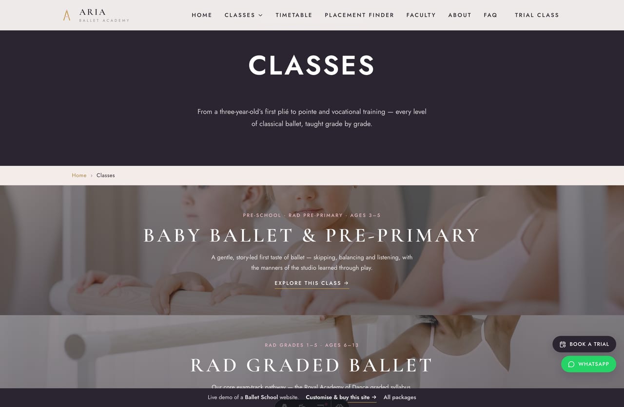 Classes listing page on the Aria demo — full-width photo bands for baby ballet, RAD graded, recreational, teens, pointe, adult and Silver Swans levels
