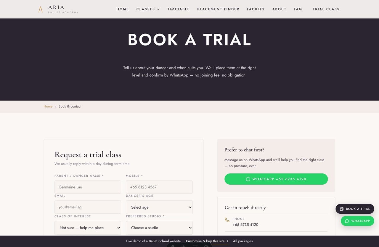 Book a trial & contact page on the Aria demo — a PDPA-aware trial-booking form with dancer age, class and studio selection, no cart