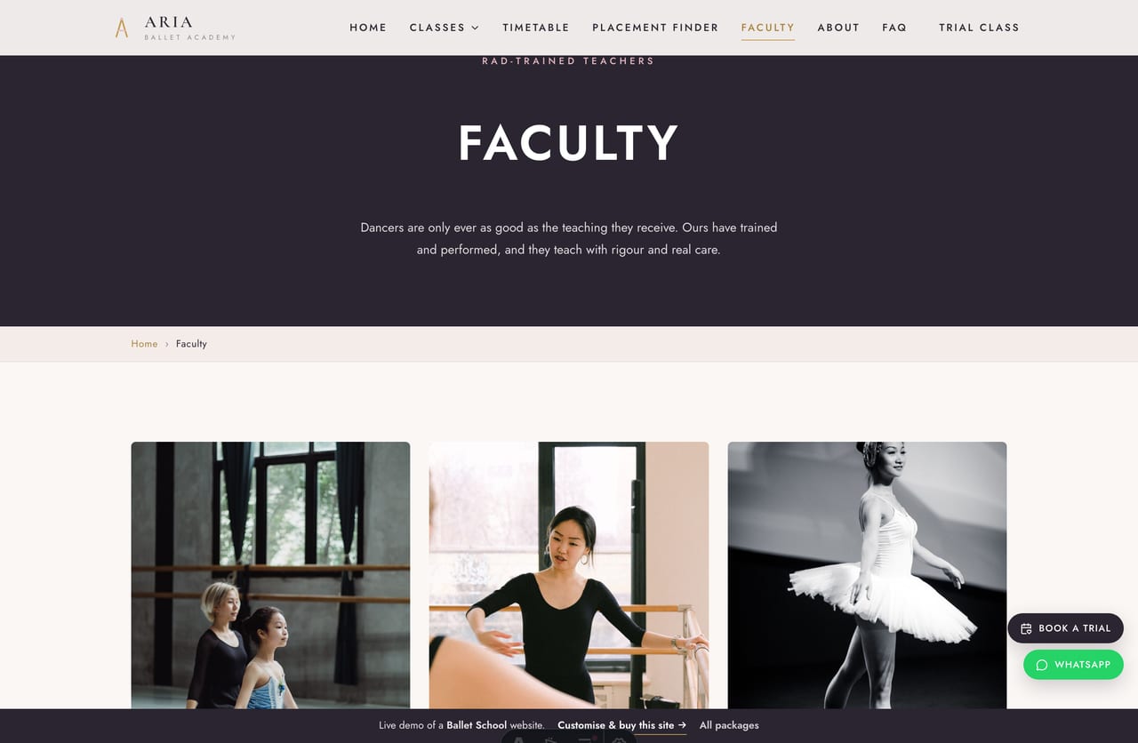 Faculty page on the Aria demo — the RAD-trained teachers, their roles and bios, and the academy’s teaching standards