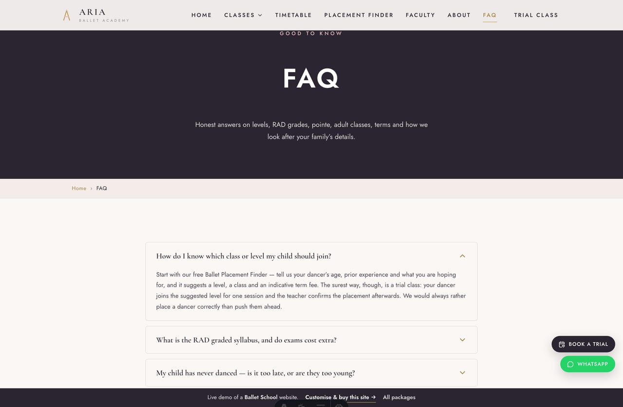 FAQ page on the Aria demo — an accordion of common questions about levels, RAD grades, pointe, adult classes, terms and PDPA
