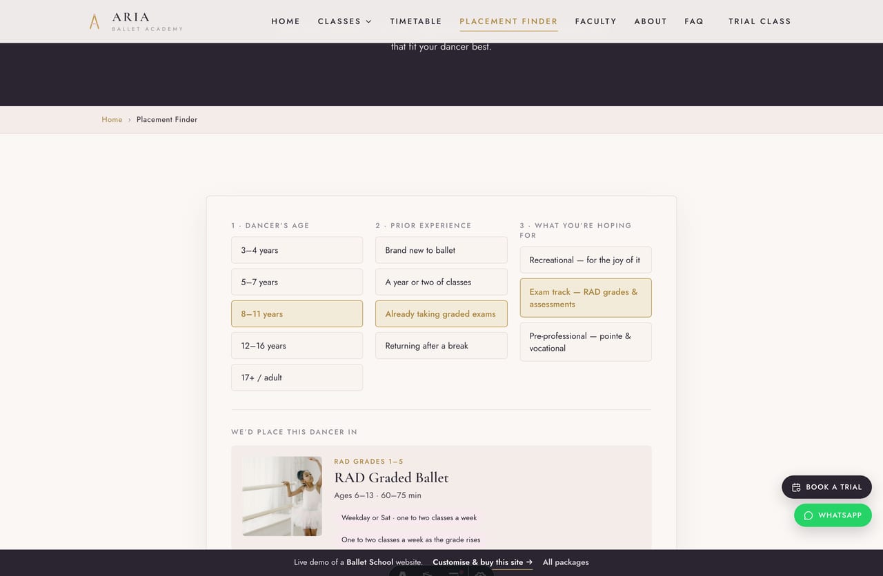 Ballet Placement Finder results on a Singapore ballet-school site — a recommended graded level, suggested class and schedule, an indicative term fee and a book-a-trial CTA