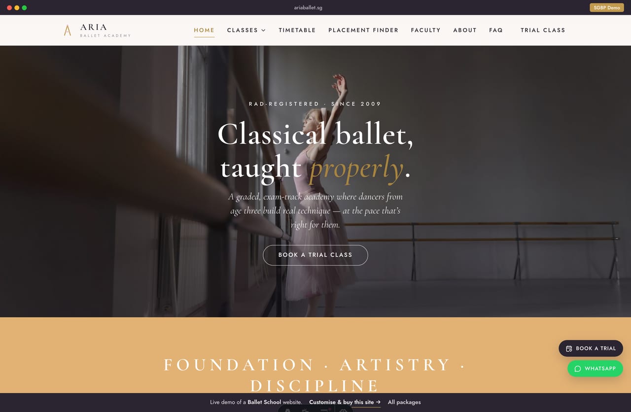 Ballet school website Singapore homepage demo — a quiet full-bleed ballet-studio hero, a gold mission band and a refined blush, charcoal and soft-gold classical layout with graded classes