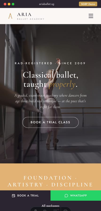 The Aria ballet-school website on mobile — quiet ballet-studio hero and a sticky book-a-trial contact strip at 430px