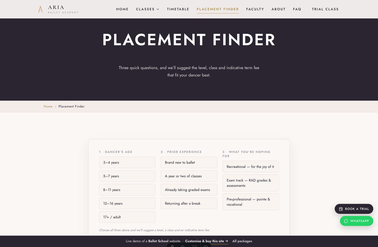 The interactive Ballet Placement Finder tool on the Aria demo — pick a dancer’s age, prior experience and goal to be placed at the right graded level