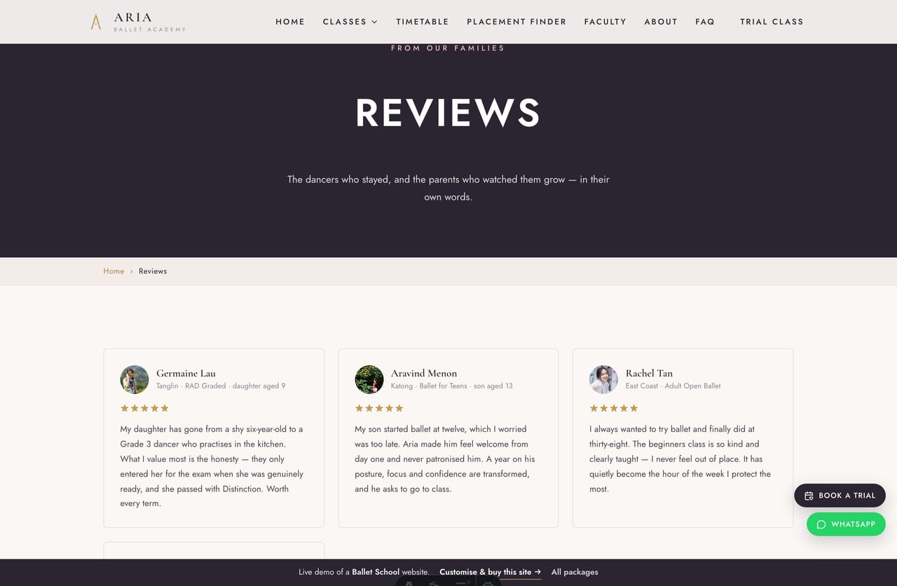 Reviews page on the Aria demo — parent and dancer testimonials with names, areas and the class they took, plus honest academy stats