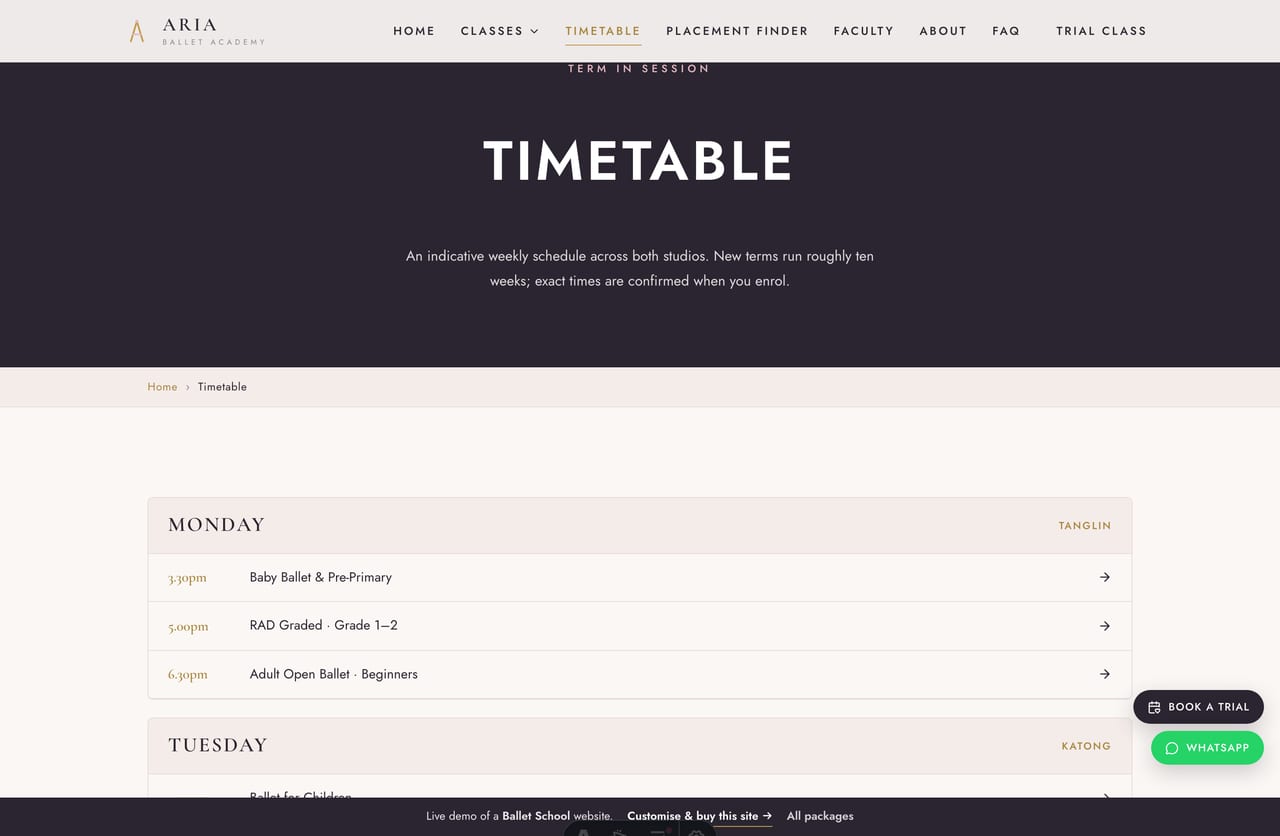 Timetable page on the Aria demo — an indicative weekly class schedule grouped by day across the Tanglin and Katong studios, plus a studio facilities tour