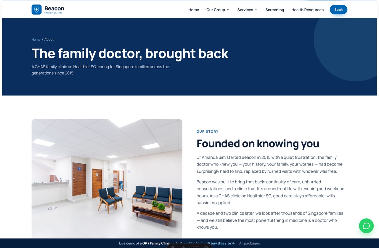 The About page for a Singapore family clinic — founder story, stats band, why-us and the doctors