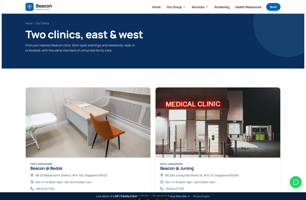 Clinics page on the Beacon demo — clinic locations with photos, hours, region and directions