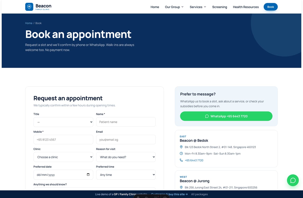 Book-an-appointment page on the Beacon demo — a PDPA-aware booking form with clinic, reason and time