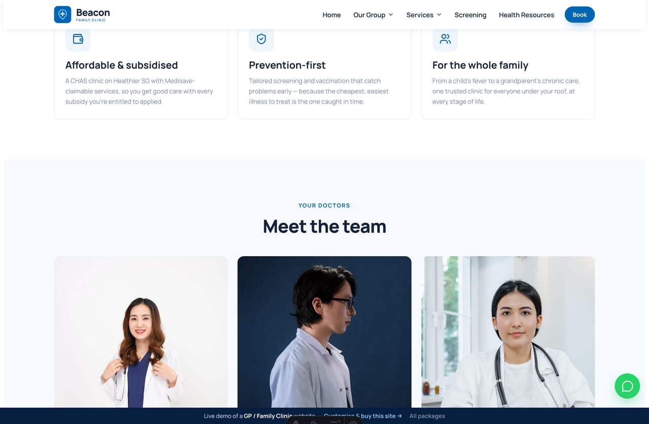 The doctors section on the Beacon demo — family physician profiles with photos