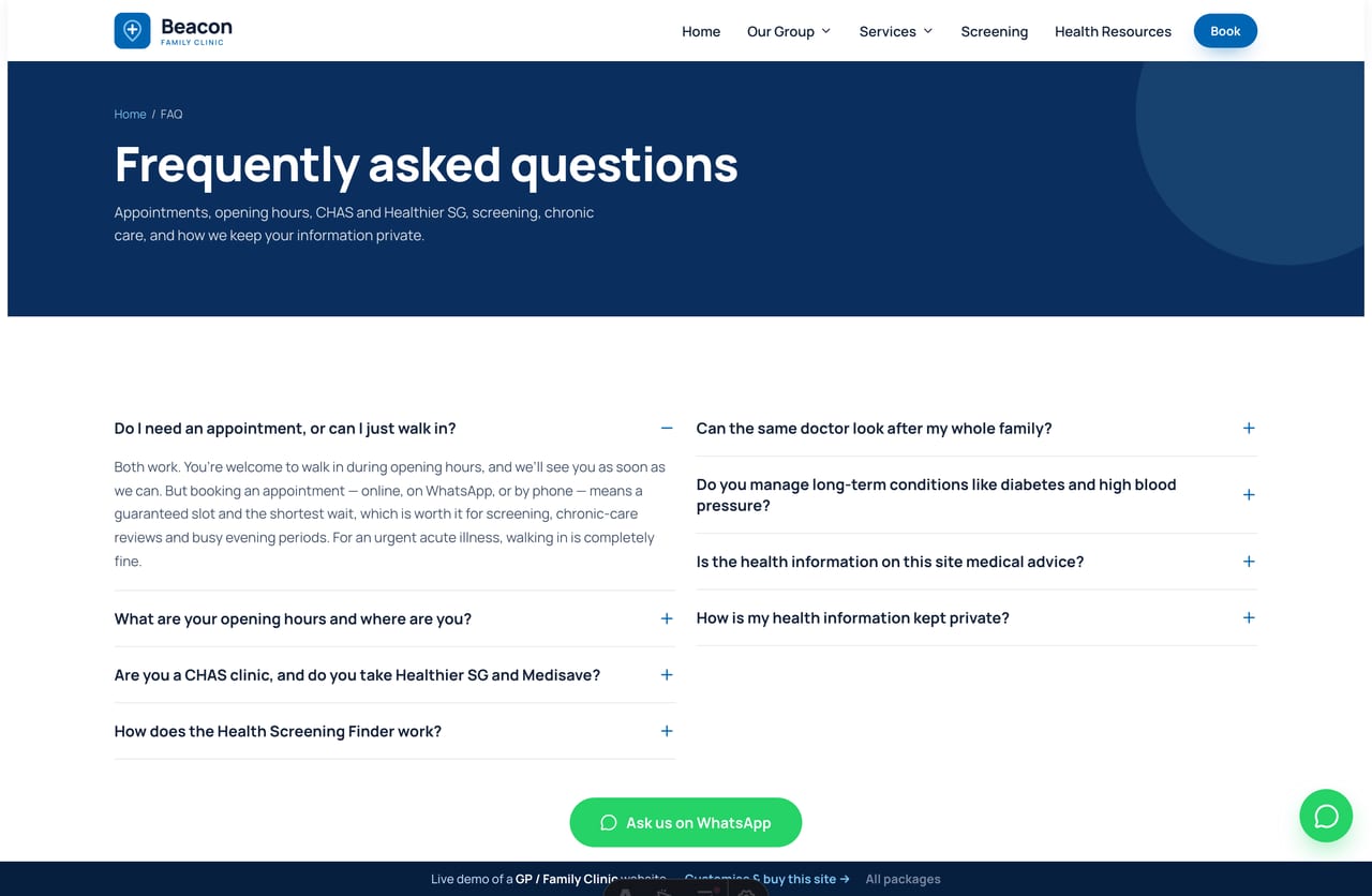 FAQ page on the Beacon demo — a two-column accordion answering common clinic questions