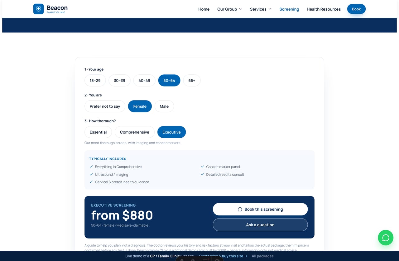 Health Screening Finder result on a Singapore clinic site — a recommended package, price and inclusions with a book CTA