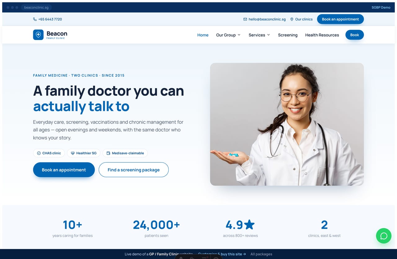 Beacon family clinic Singapore website homepage demo — a clean medical-blue site with a doctor hero and photo service cards