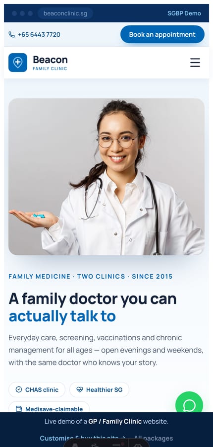 The Beacon clinic website on mobile — the hero and book CTA at 430px