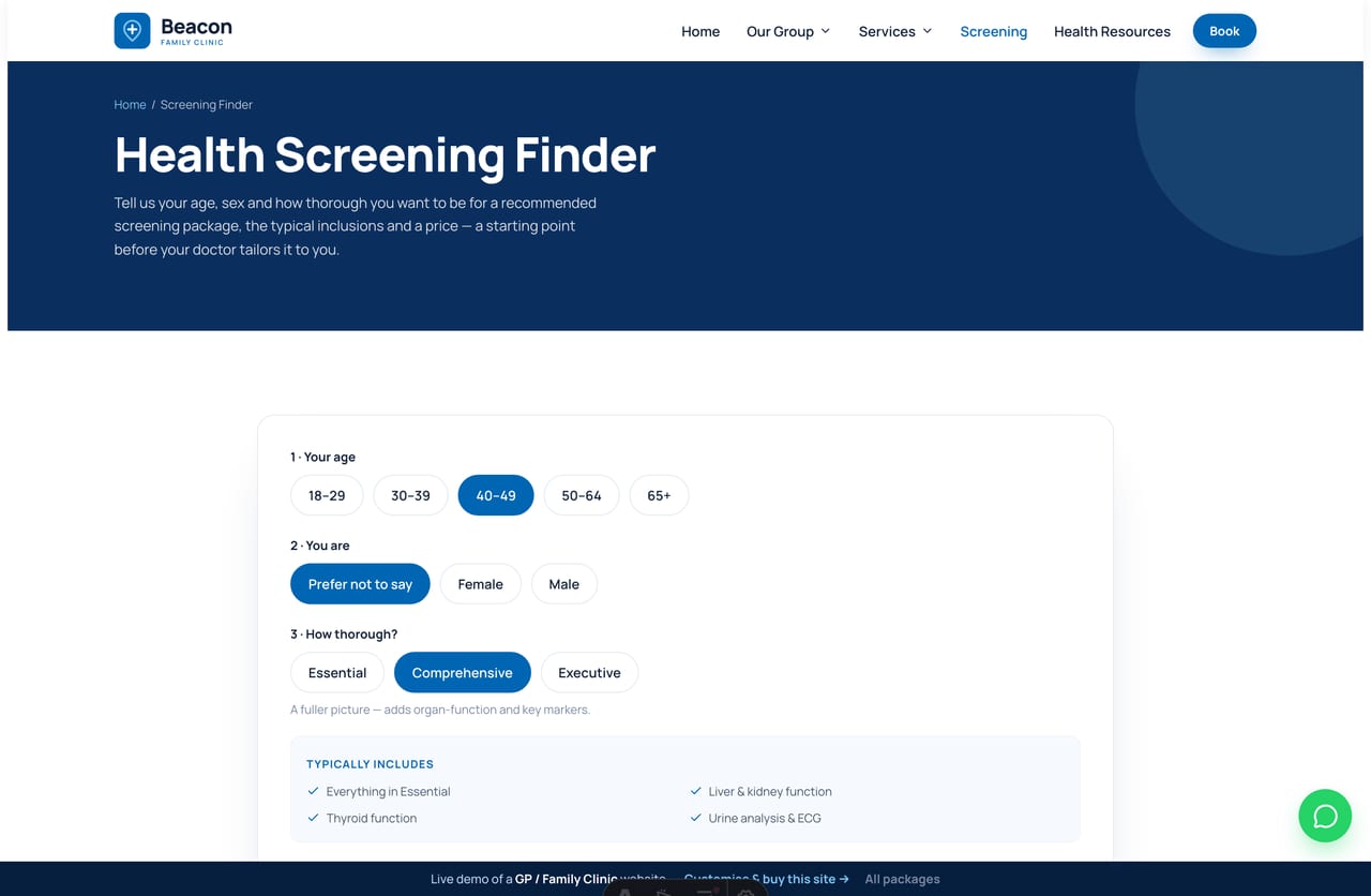 The interactive Health Screening Finder on the Beacon demo — pick age, sex and depth for a recommended package