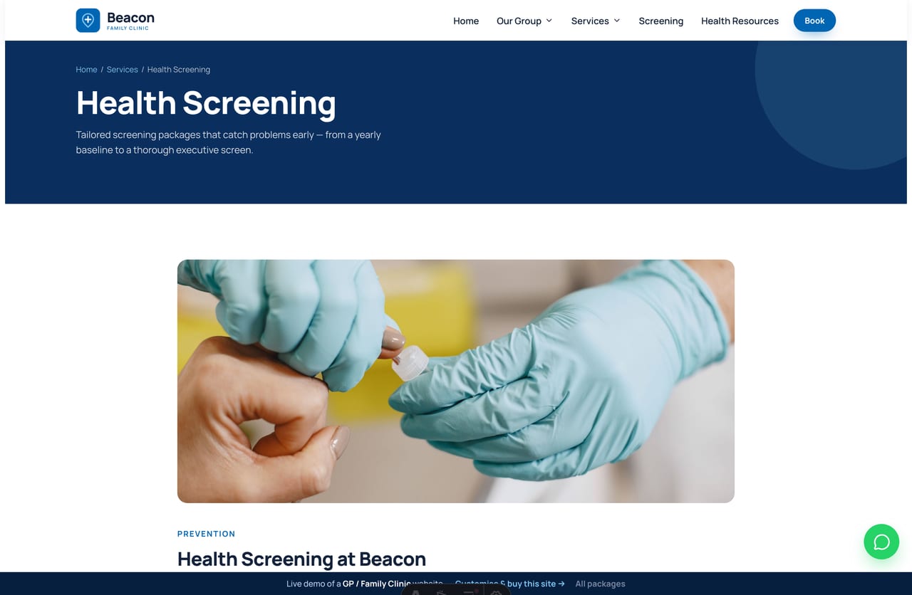 A service detail page on the Beacon demo — a navy banner, a 2-column article and a book-appointment CTA
